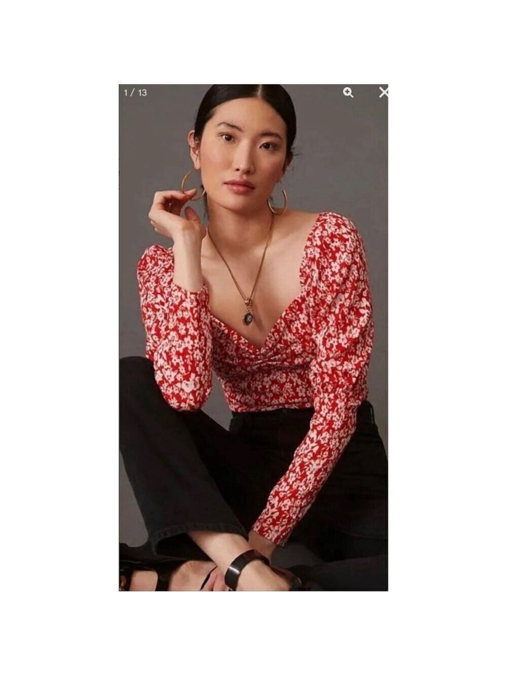 Women's Anthropologie Floral Blouse Size L Red